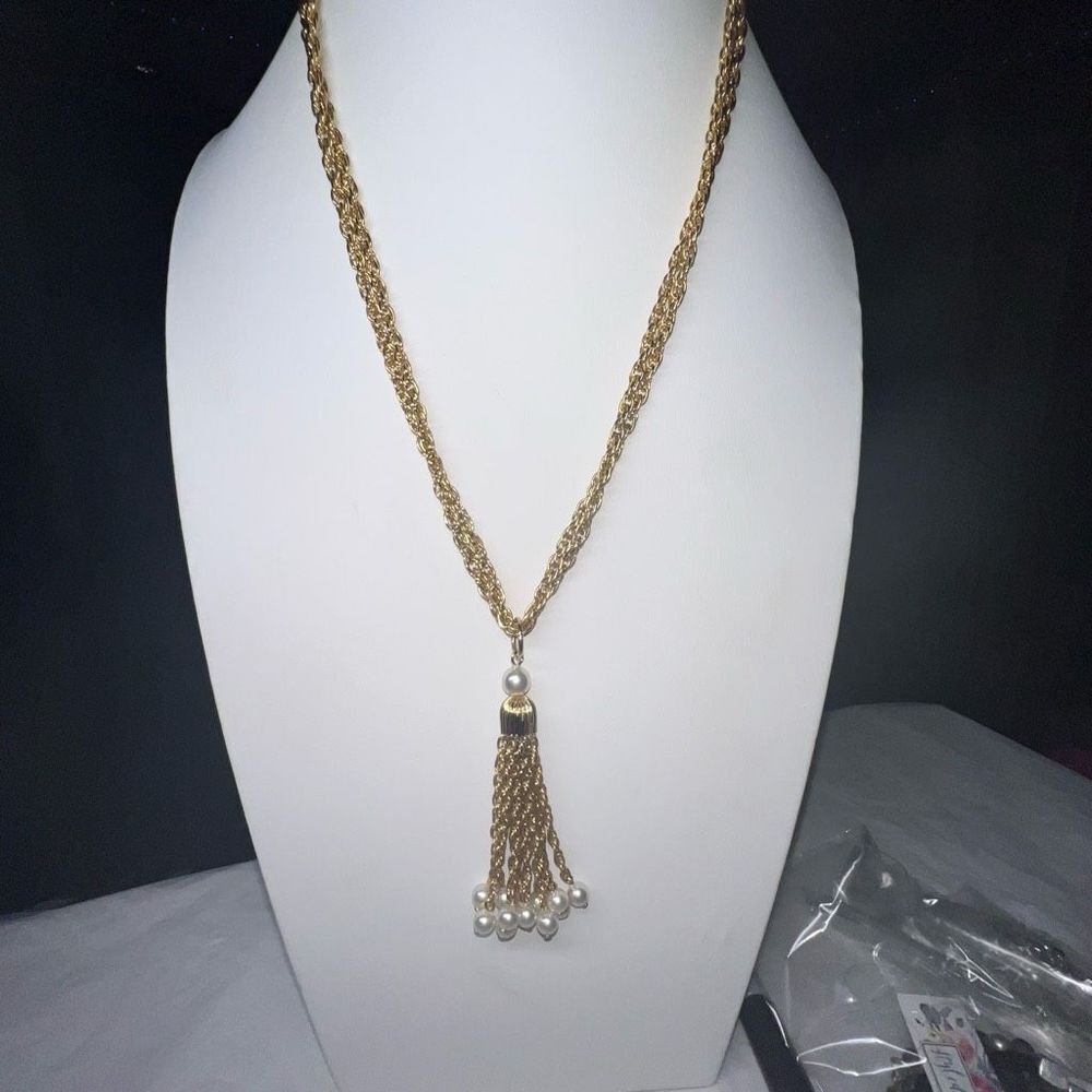 Vintage Double Gold Tone Chain Faux Pearl Tassel Necklace